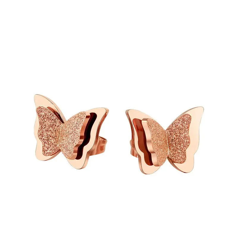 18KGP Rose Gold Color Titanium Steel Frosted Butterfly Stud Earrings