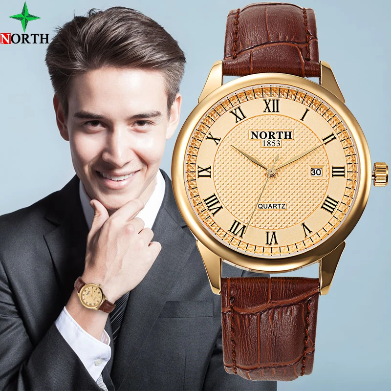 Мужские кварцевые часы NORTH Fashion брендовые роскошные золотые Водонепроницаемые