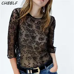 CHBBLF женщин Цветочный Вышивка mesh рубашки sexy Черный see through три четверти рукав короткий Блузка Топы CDC8856