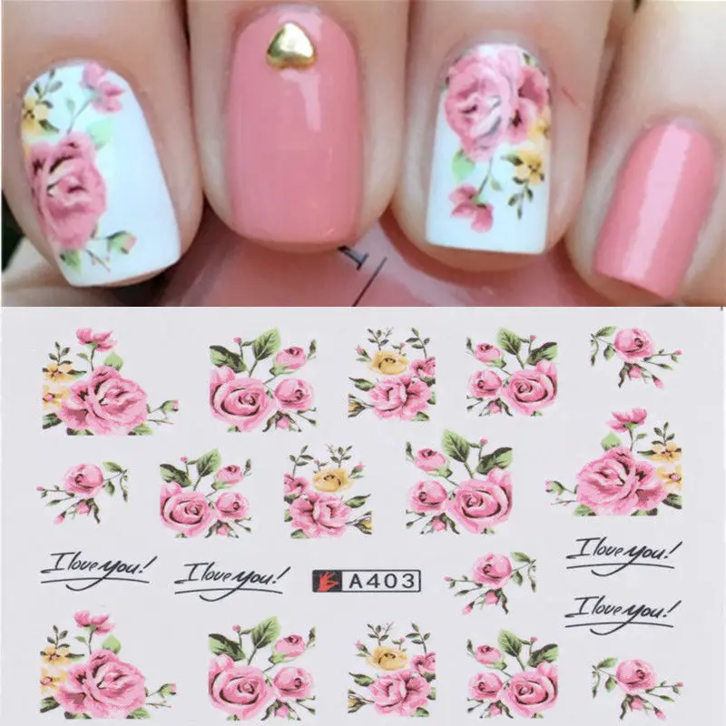 2 nail stickers Art Water Decal Rose Flower Design Transfer Stickers