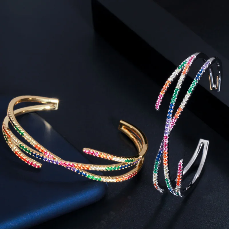 CWWZircons Adjustable Geometric Cross Rainbow Color Cubic Zirconia Luxury Big Wide Bracelet Bangles for Women Jewelry BG033