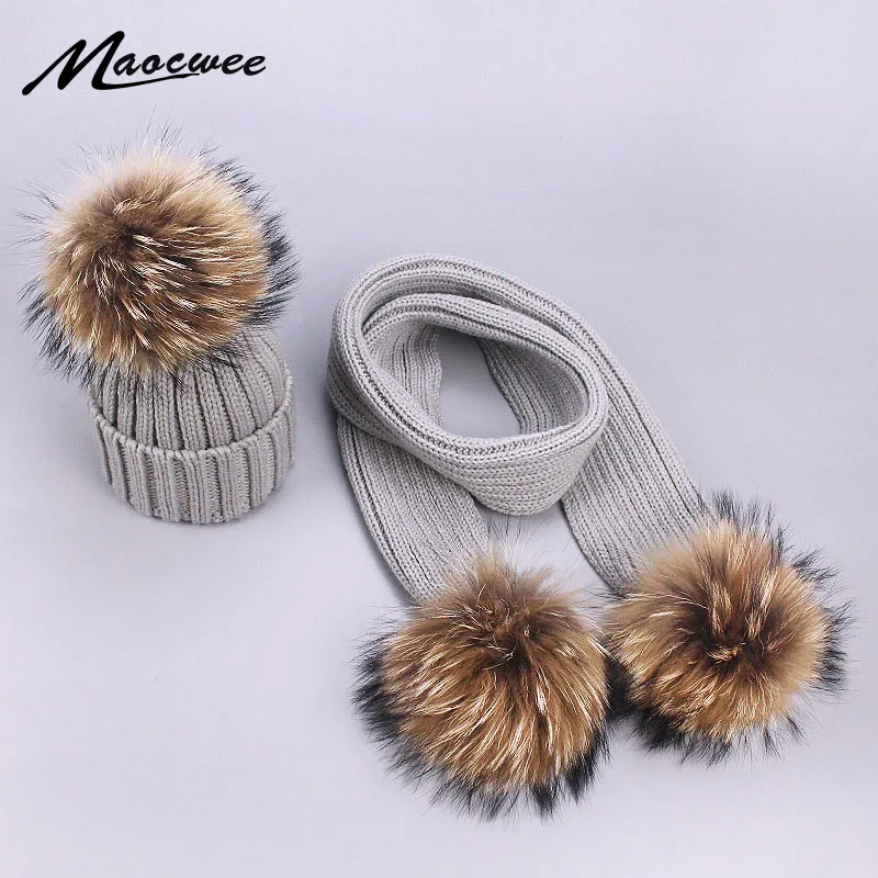 Children Pompon Beanie Hat Scarf Set Autumn Winter Outdoor Knitted Cotton Warm Real Raccoon Fur Pom-pom Caps Scarf 2 Piece Suit