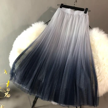 

Three-layer mesh gradient skirts autumn 2018 A-Line pleated skirt chic retro high waist long sweet casual skirt