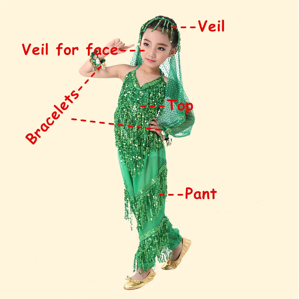 Набор костюма для танца живота индийское платье ручной работы Детские костюмы для танца живота для девочек подарок Болливуд ткань для выступлений 4 цвета - Цвет: Green 5pcs