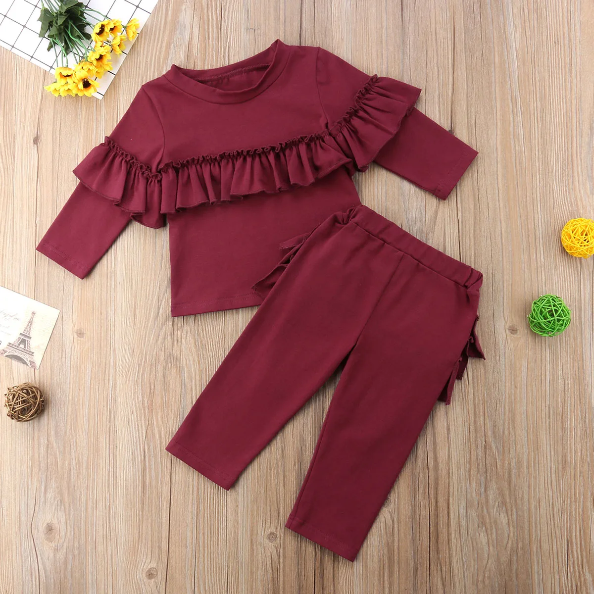 Милая Одежда для новорожденных девочек; футболка; верхние леггинсы; комплект одежды; спортивный костюм - Цвет: wine red