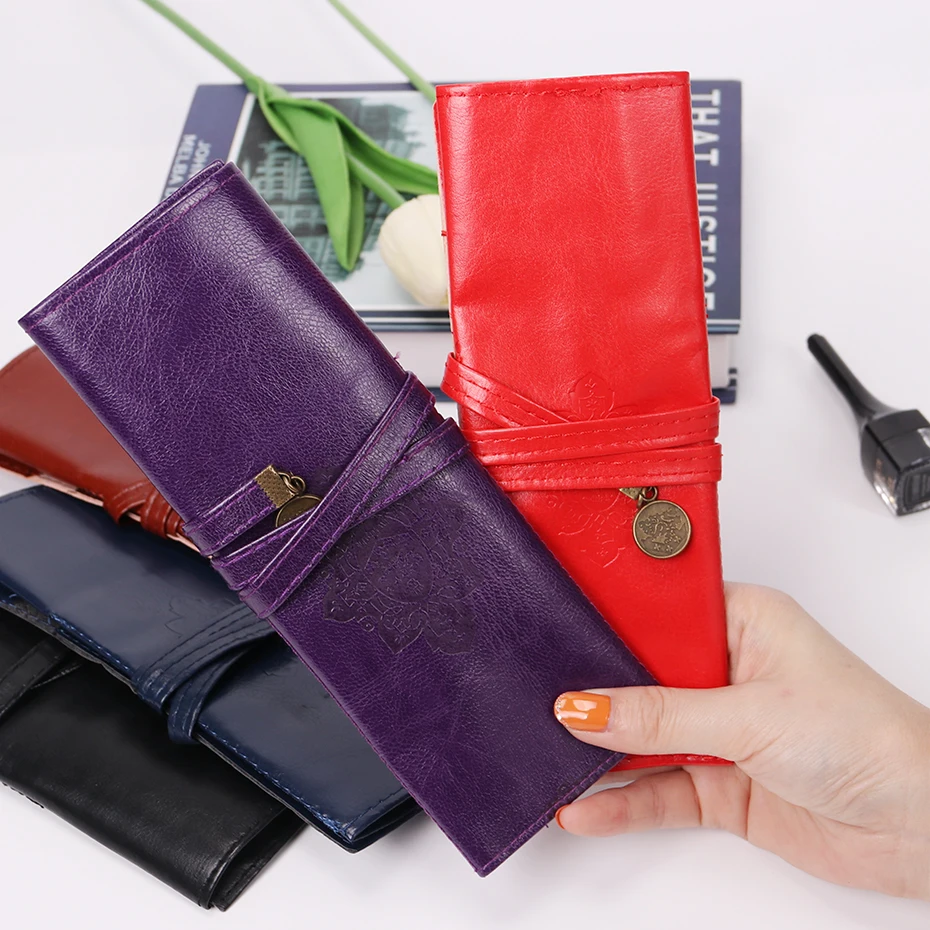 

Women Travel Toiletry Makeup Bags Retro Rolls PU Leather Cosmetics Storage Pouchs For Ladies Cosmetic Bag Organizer