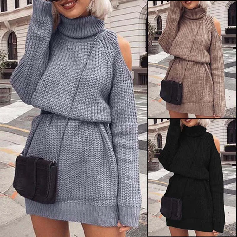 Autumn Cold Shoulder Knit Sweater Dress Casual Loose