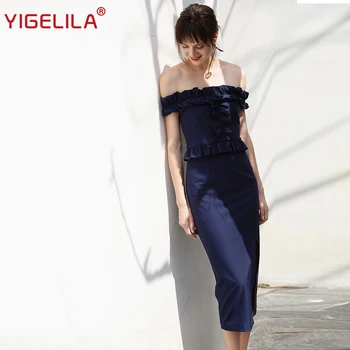 

YIGELILA 2019 Latest Spring Fashion Women Square Collar High Street Sheath Ankle-Length Cascading Ruffle Solid Dress 64349