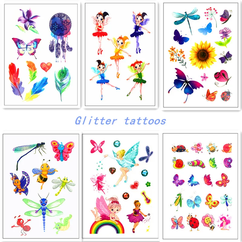 Временные татуировки, наклейки, флеш-тату, фея, цветы, Бабочка, блестящая паста, макияж, для детей, для девочек, тату, бумага для переноса воды