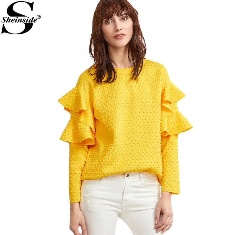 Popular Yellow Blouse Women-Buy Cheap Yellow Blouse Women Lots Sheinside Layered Ruffle Sleeve Blouses Women Yellow Polka Dot Embossed Cute Tops 2017 New Fashion Spring - Popular Yellow Blouse Women-Buy Cheap Yellow Blouse Women Lots