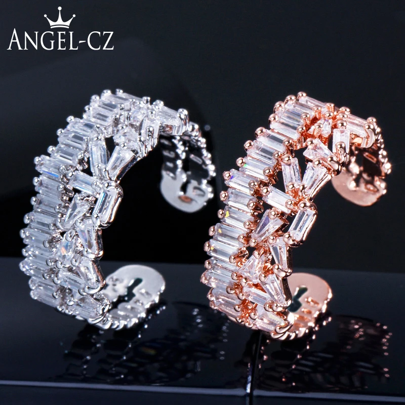 ANGELCZ Brand AAA Baguette CZ Party Trapezoid Stone Rose Gold Silver Color Fashion Adjustable Ring For Women Wedding Band AR053 | Украшения