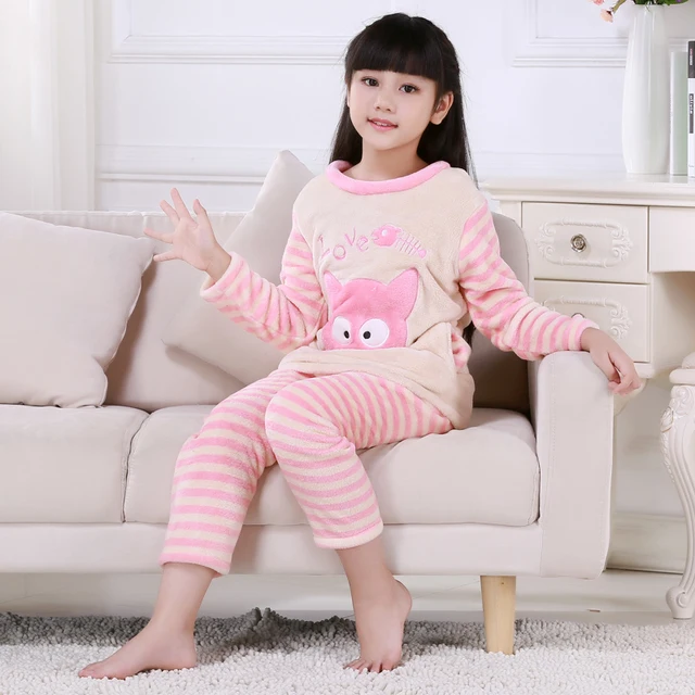 Discount Winter Children Pajamas Long Sleeve Cartoon Kids Flannel Warm Girl Clothes Suit Lovely Children's Garment Home Clothing