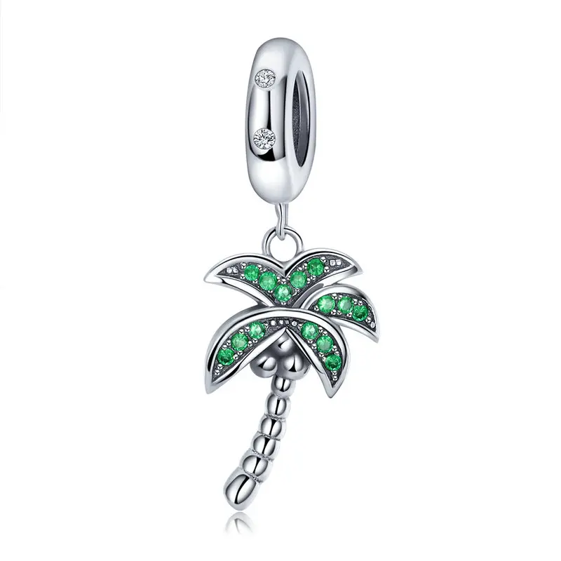 QELROE High Quality 925 Sterling Silver Coconut Tree Charm Green CZ Pendant Fit Original Pandora Bracelet DIY Charms Jewelry | Украшения и
