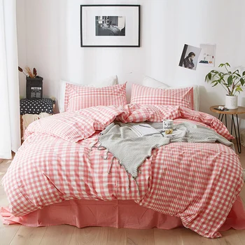 

3/4pcs Single Queen King size bed linen with solid pink color fitted bed sheet 100% washed cotton blended plaid bedding set