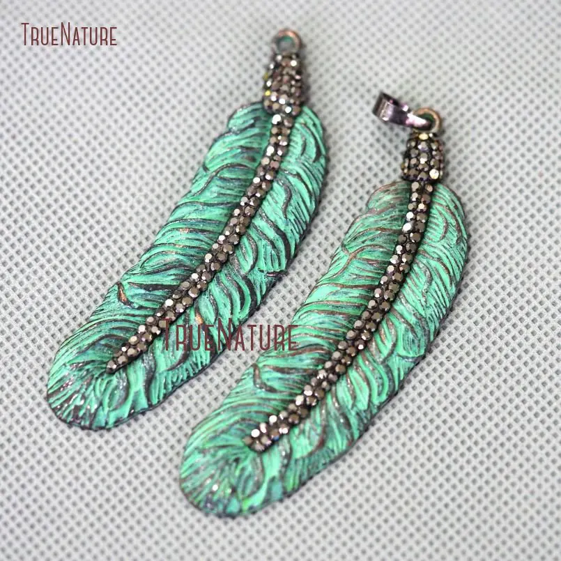 20180309-PM10651- Verdigris Patina Pave Mineral Black Rhinestone Feather Pendant Copper Pendant_1