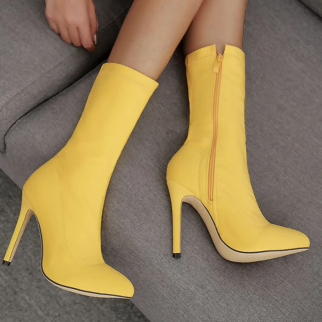 Женские короткие ботинки пикантные женские зимние эластичные сапог с боковой молнией стильный острый носок туфли на высоком каблуке; туфли на шпильке; обувь для ночного клуба