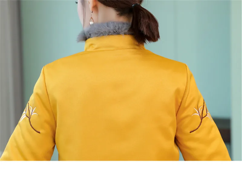 Шерстяное пальто в китайском стиле с воротником и вышивкой Улучшенный чёнсам хлопковая стеганая куртка китайская Новогодняя одежда костюм Тан желтый