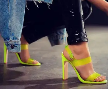 

Hot Selling Shiny Green PVC Patchwork High Heel Sandal Woman Sexy Open Toe Thick Heels Shoe Buckle Strap Cutouts Gladiator Shoe