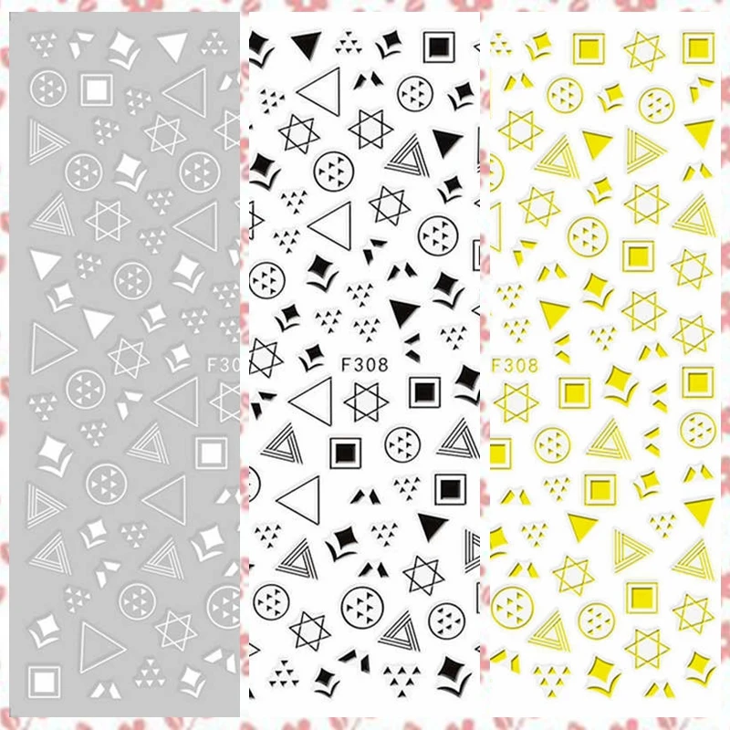 

1 Sheet Triangle Square Six horns Line Graph Pattern Adhesive Nail Art Stickers Decals DIY Tips F308# Gold Silver Black White