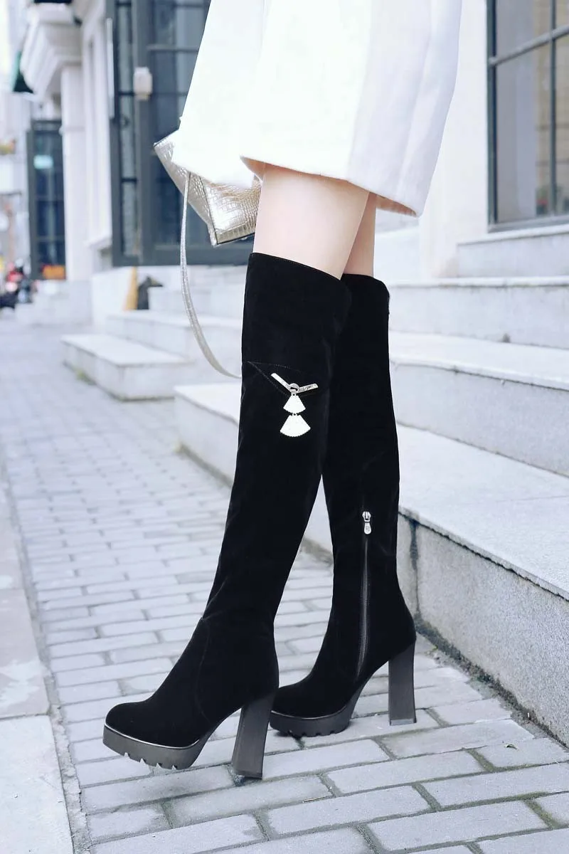 ENMAYLA/Новые модные и стильные Для женщин из искусственной замши; сапоги на платформе с высоким толстым каблуком Стразы Круглый носок Модные сапоги до колена; зимняя женская обувь