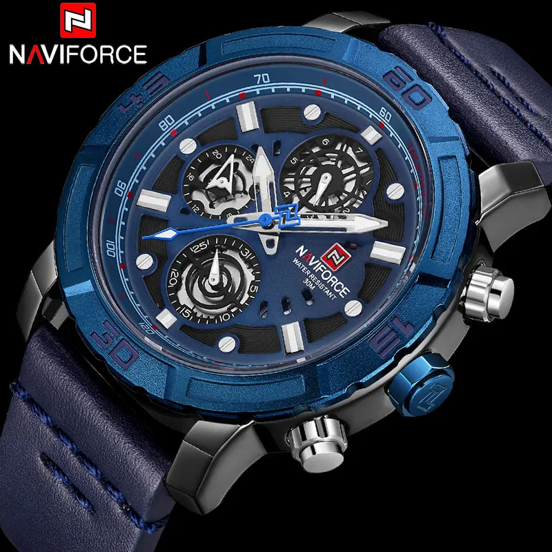 

NAVIFORCE Top Brand Military Sport Watch Men Waterproof Analog Quartz Watches Man Leather Band Blue Calendar Clock 24 Hour 9139