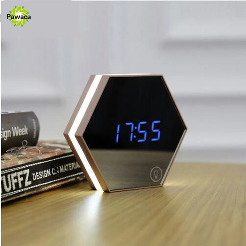 Online Nueva multifunción electrónica LED luz de noche Reloj de pared espejo digital despertador Snooze termómetro emisor de luz