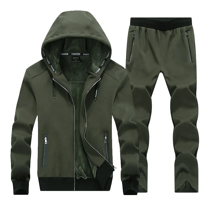 AmberHeard, Модный зимний мужской спортивный костюм, толстовка с капюшоном, куртка+ штаны, толстый спортивный костюм, комплект из двух предметов, спортивный костюм для мужчин, одежда - Цвет: Army Green