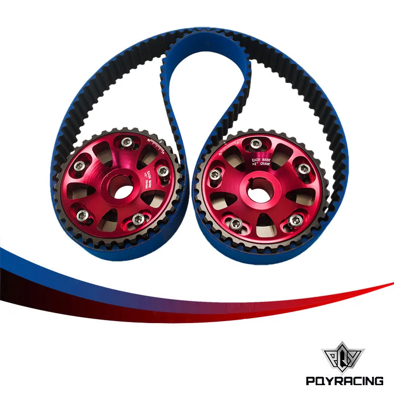 PQY RACING HNBR Racing Timing Belt Blue + Aluminum Cam Gear Red FOR