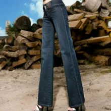 Korean Fashion Designer Bell Bottom Jeans Women Work Wear Wide Leg Loose Straight Jeans Dark Blue