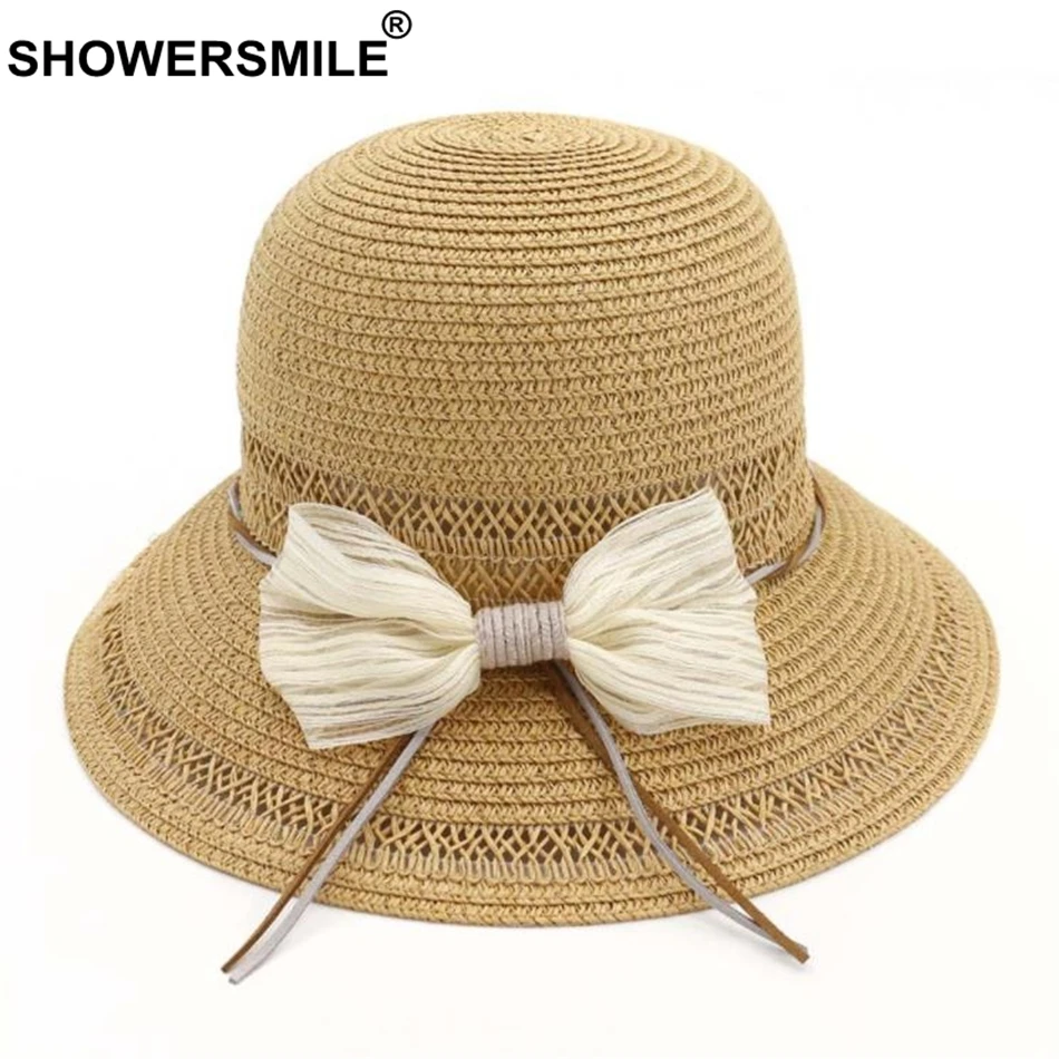 

SHOWERSMILE Women's Sun Hat Bowknot Ladies Straw Fedora Designer Brand 2020 Spring Summer Female Beach Bowler Sun Hat For Women