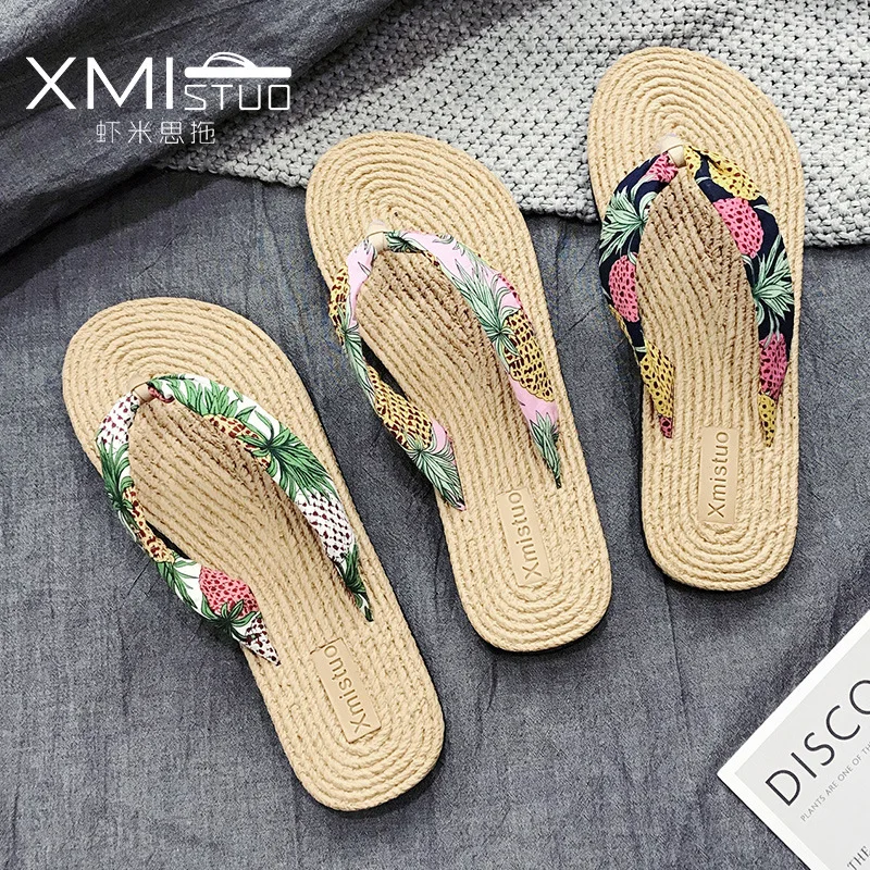 US $6.97 Women Beach Flip Flops Flax Slippers Summer Flat Shoes 2020 Woman Fashion Slides Print Slip On Ladies Vacation Sandals Sh052501