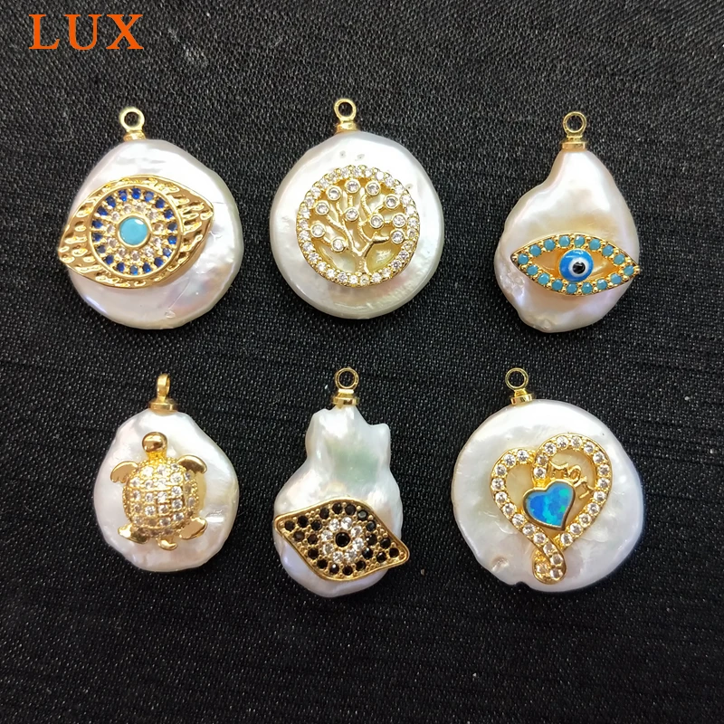 

Natural White Pearl Charm micro Pave CZ evil eys heart turtle life of tree Pearls Pendants Gems stone Boho Jewelry DIY Making