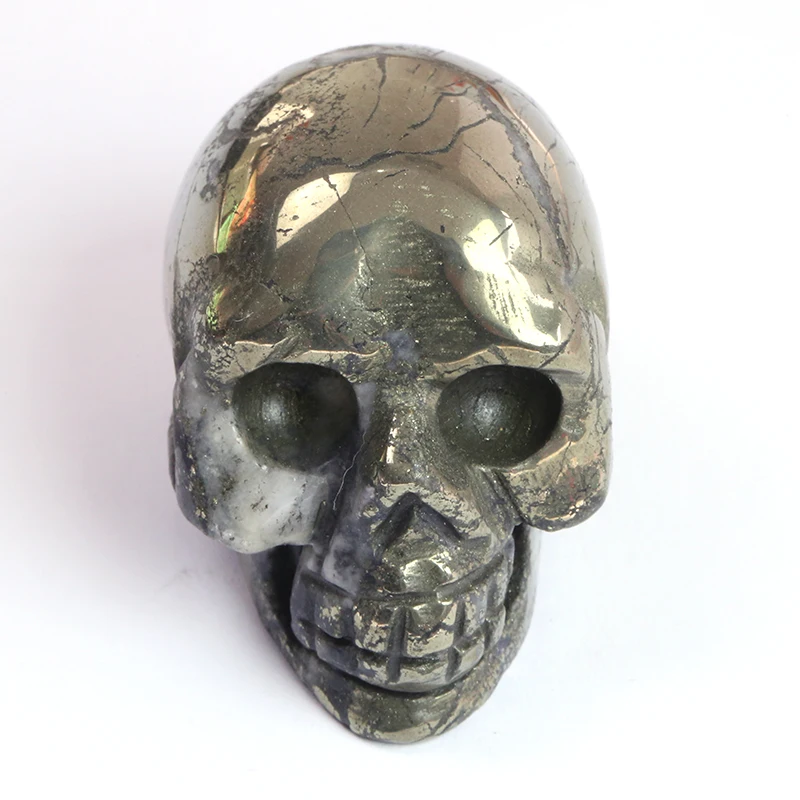 

2 inch Copper Pyrite Stone Skull Handmade Figurine Crystal Carved Statue Realistic Healing Feng shui Home Ornament Art