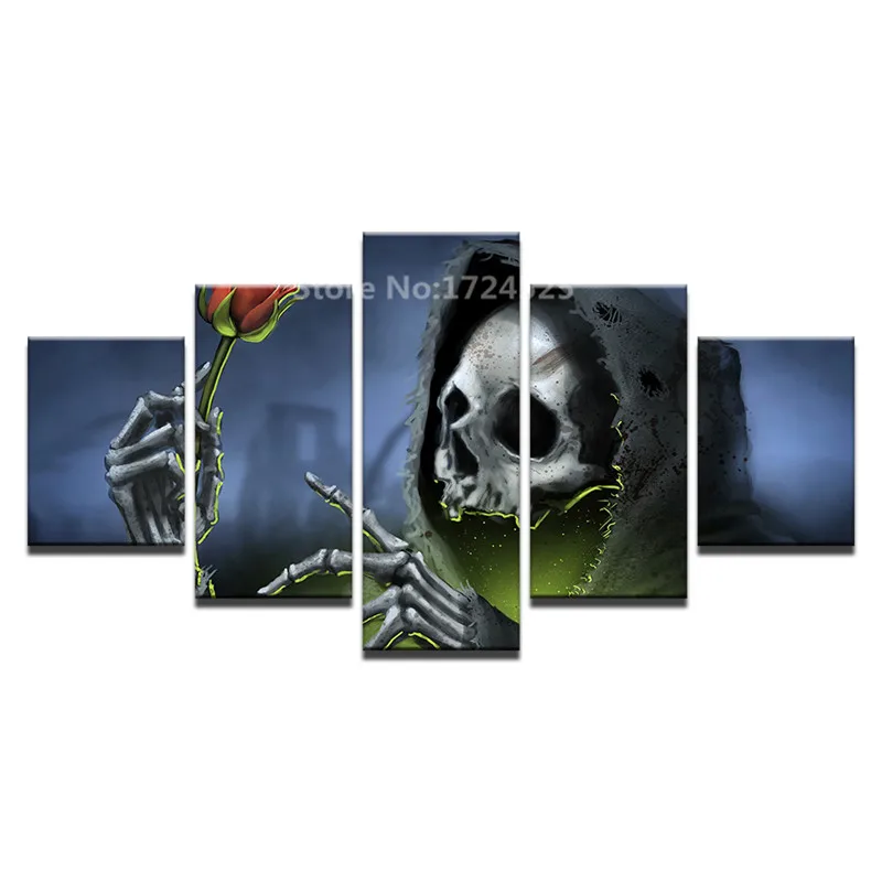 Canvas-Pictures-Home-Decor-Wall-Art-5-Pieces-Black-Hat-Skull-Red-Rose-Painting-For-Living (4)