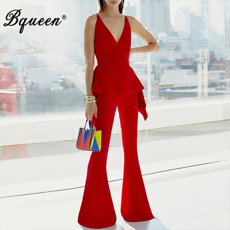 

Bqueen Women Full Boot Cut Jumpsuits Sexy Spaghetti Strap V Neck Ruffles Waist Backless Club Party Jumpsuits Vestidos 2019