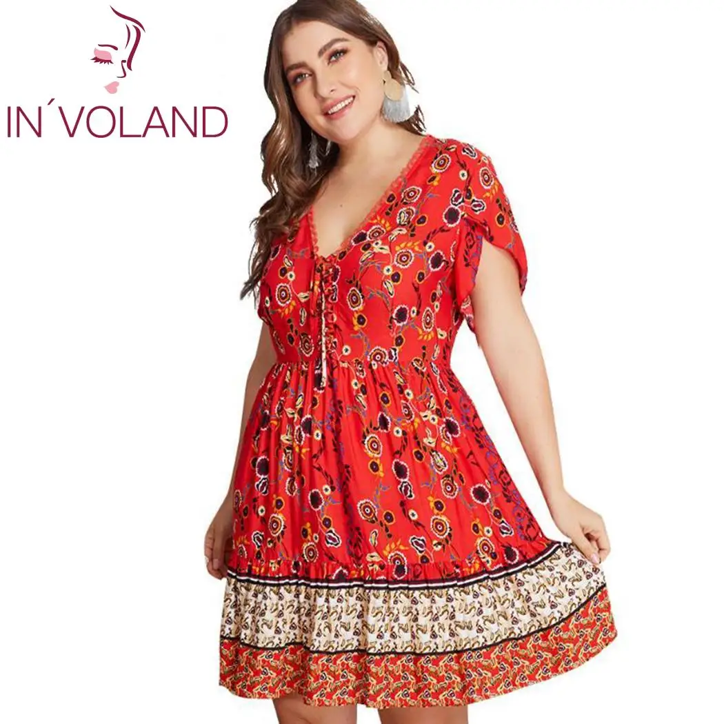 

IN'VOLAND Women Dress Plus Size Casual V Neck Short Sleeve Floral Bowknot A Line Pleated Summer Ladies Dresses Female Vestidos