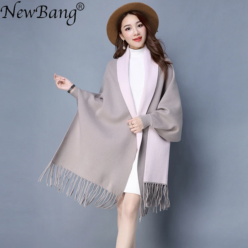 

NewBang Brand Large Size Women' Elegant Socialite Cashmere Poncho Tassel Cardigan Sweaters Batwing Sleeves Scarf Cape Overcoats