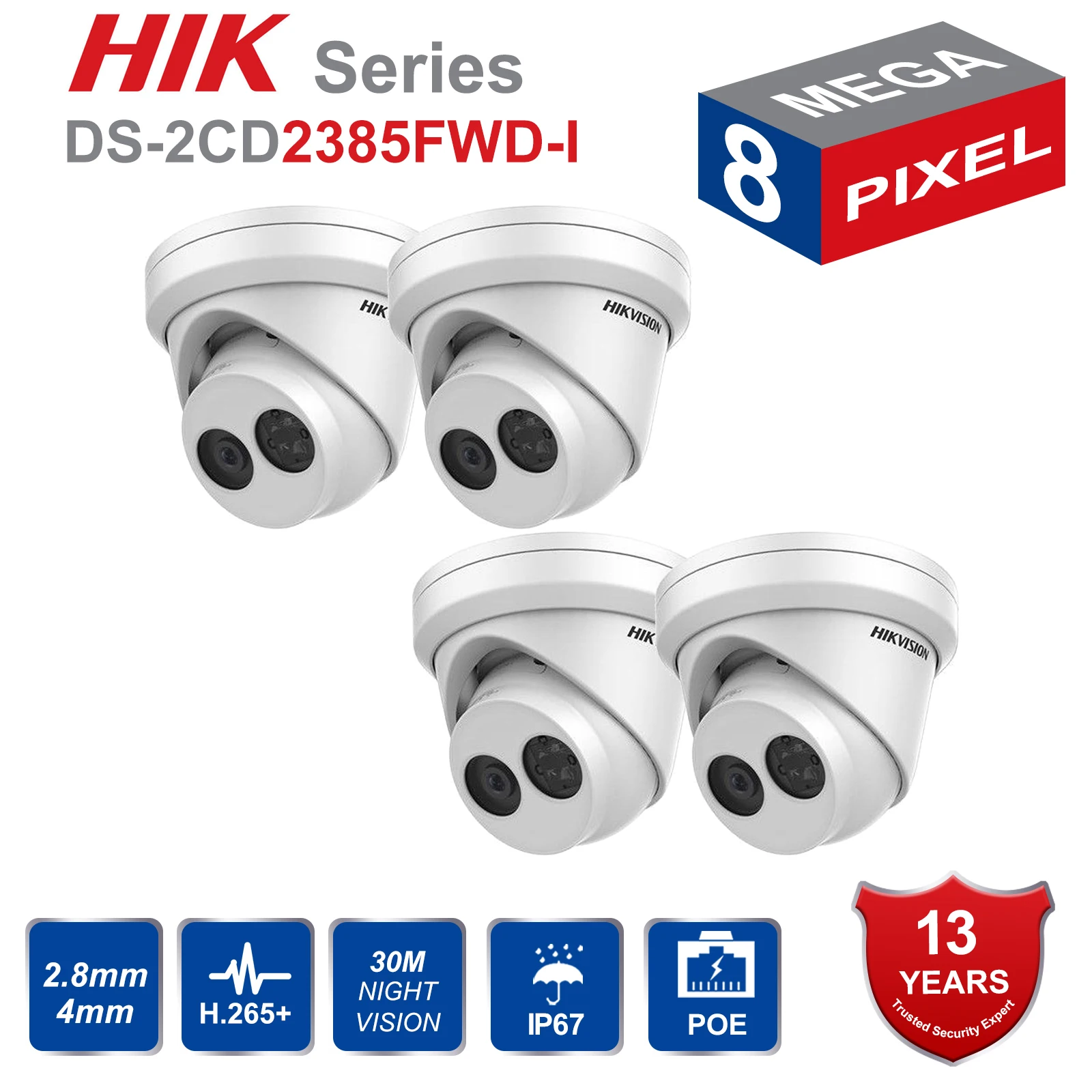 

Hikvision Original IP Camera 4 pcs DS-2CD2385FWD-I 8MP H.265+ POE CCTV Network Security Camera 30m IR Range Dome IP Camera