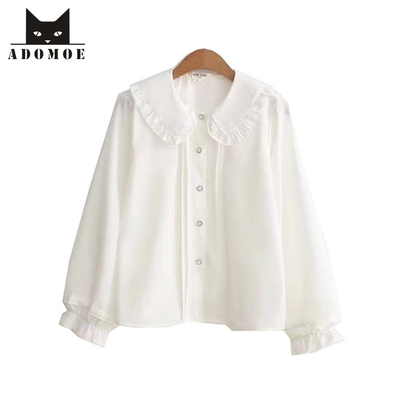 informal Blusa de manga larga para adolescentes, camisa con cuello de solapa grande para Estilo Vintage Mori|school blouse|white shirtlantern sleeve -