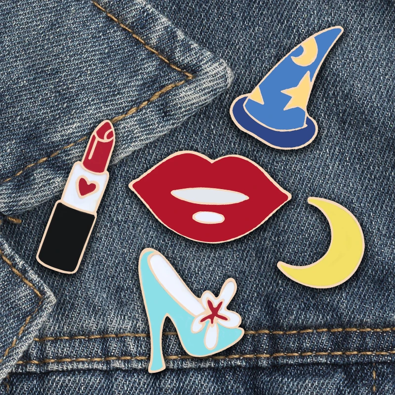

5 Style Fashion Hat Lip High-Heeled Shoes Moon Enamel Pins And Brooches For Women Jackets Cap Accessories Jewelry Badge Gift