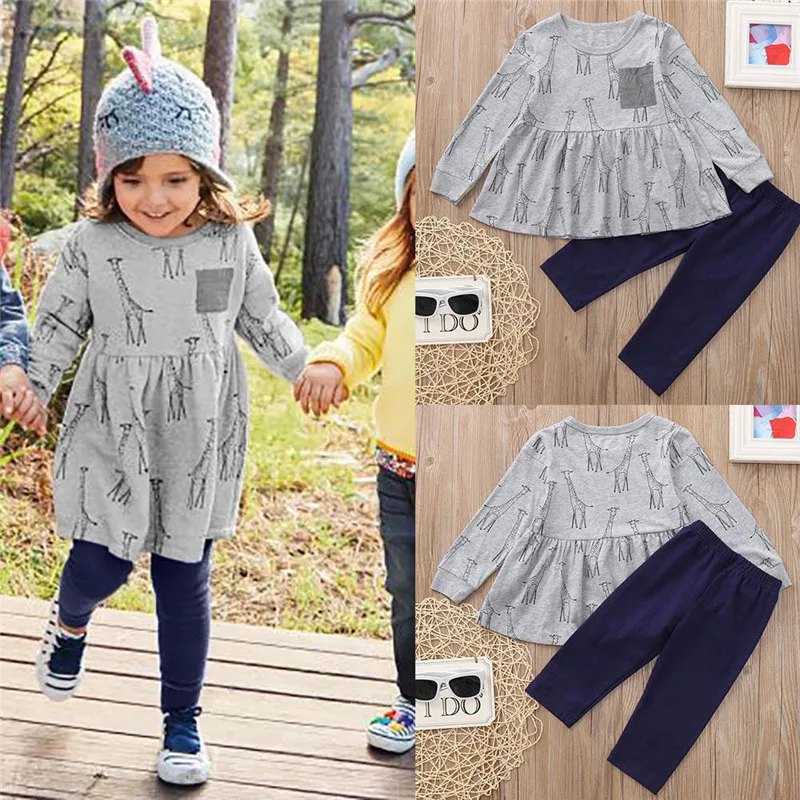

2PCS children clothing set Long Sleeved Giraffe Print Dress+Pants Set Outfit kid autumn winter suit kinderkleding ropa para