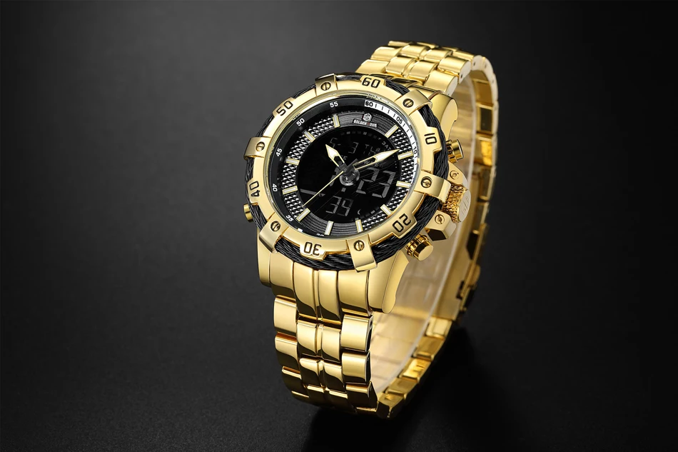GOLDENHOUR Herren-Armbanduhr, digital, analog, sportlich, wasserdicht, zweifarbig, Edelstahl_voghion.com