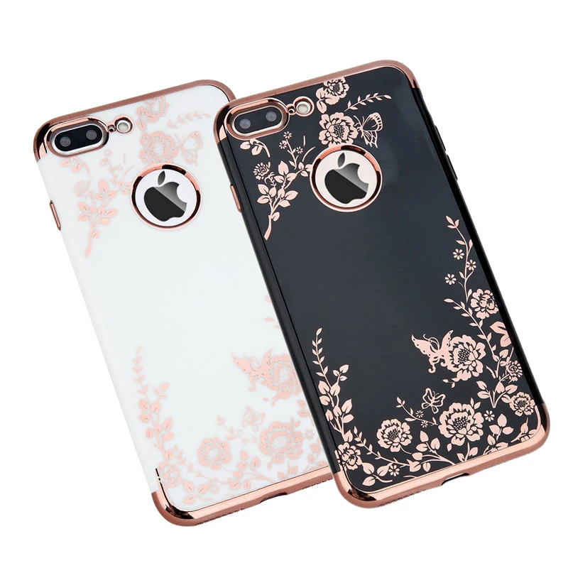 

Shockproof Vintage Flower Plating Soft TPU Back Case Protective For iPhone 6 6S Plus 7 8 Plus X Floral Printed Cover White/Black