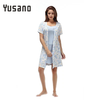 Yusano Women Nightgown Cotton Robe Sexy Camisole Nightshirt Coat Belt Cardigan 2 Pieces Flora Print V-Neck Bathrobe Robe Lounge - Цвет: Lightblue