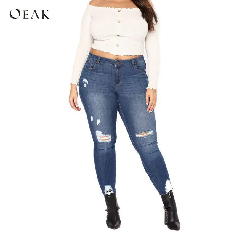 

OEAK 2018 Pencil Pants Vintage High Waist Hole Ripped Denim Jeans Casual Button Fly Stretch Trousers Large Size 7XL Pants