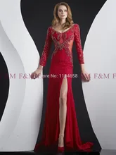 Hot Einzigartiges Design Fashion Style Elegante Meerjungfrau V-ausschnitt Langarm-slit Rote Kristalle Sexy 2016 Abendkleider