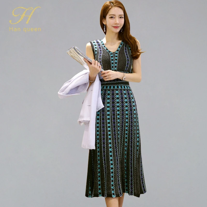 

H Han Queen 2019 Summer Vintage Bohemian Knitted A-line Dress Women Elegant V-neck Jacquard Dresses OL Retro Bottoming Vestidos