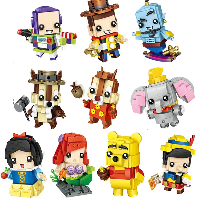 Big head mini block fairy tale story Mermaid Snow White princess Woody Buzz Lightyear Dumboes elephant Winnie bear bricks toys 1