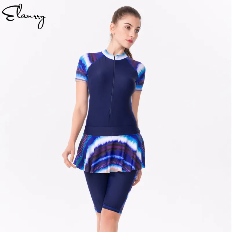 

2019 Women Sport Swimsuit Short Sleeves Padded Plus Size Swimwear Female Rashguards With Skirt Print Girl Bathing Suits 6XL