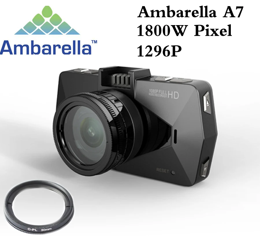 Best camera Ambarella A7 LA70 Car DVR Video Recorder Full HD 1296P GPS Logger Night Vision polarizing CPL Filter Support 64G